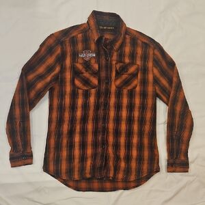 Harley-Davidson Women's Black and Orange Checkered Shirt